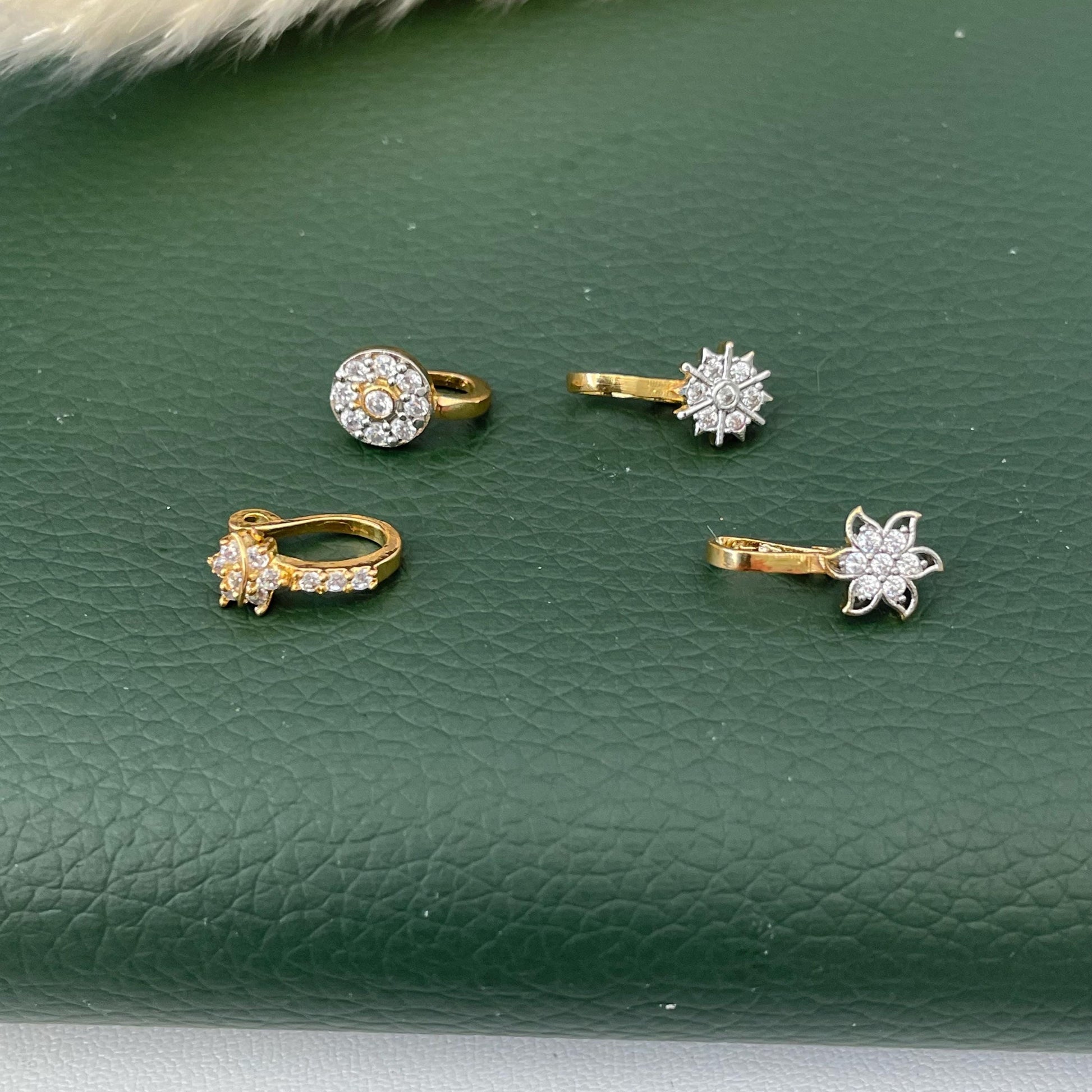 Gold Plated CZ Clip On Nose Ring: Indian Nath, No Piercing