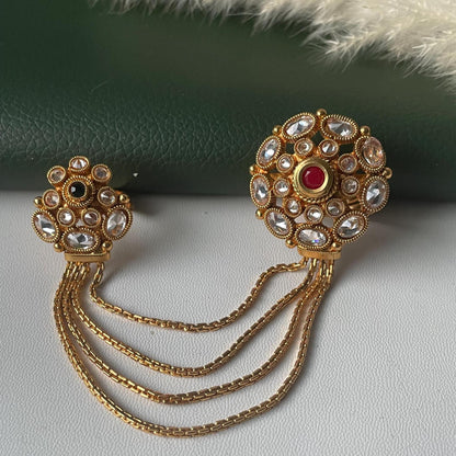 Gold plated two finger kundan chain ring