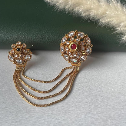 Gold plated two finger kundan chain ring