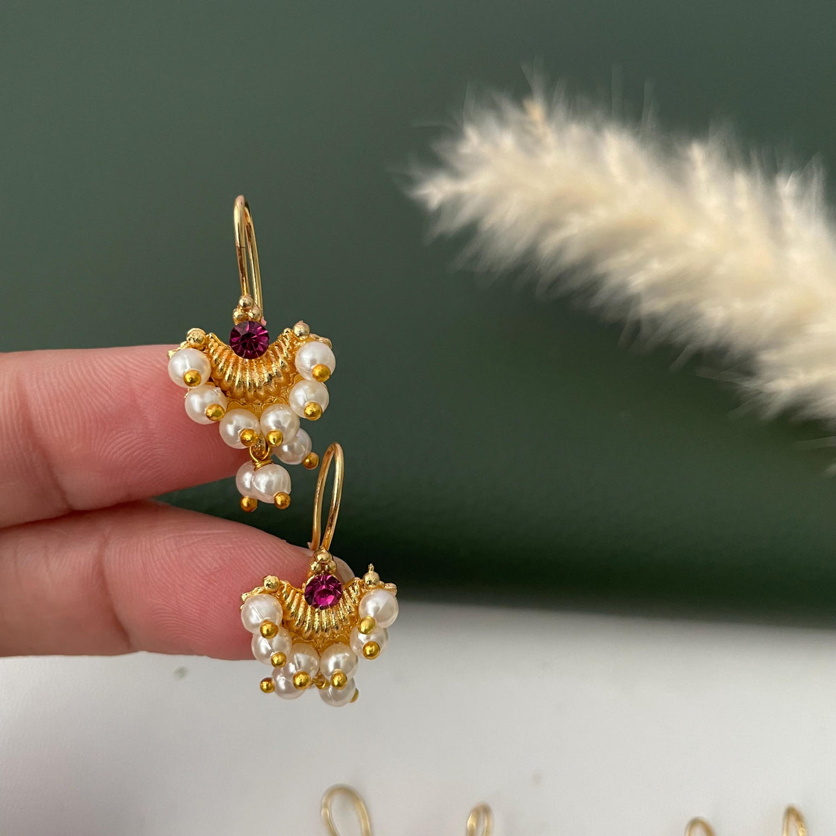 Maharashtrian Bugadi Earrings: Moti, CZ Ruby, Pearl Clip-Ons