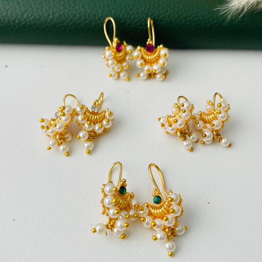 Maharashtrian Bugadi Earrings: Moti, CZ Ruby, Pearl Clip-Ons