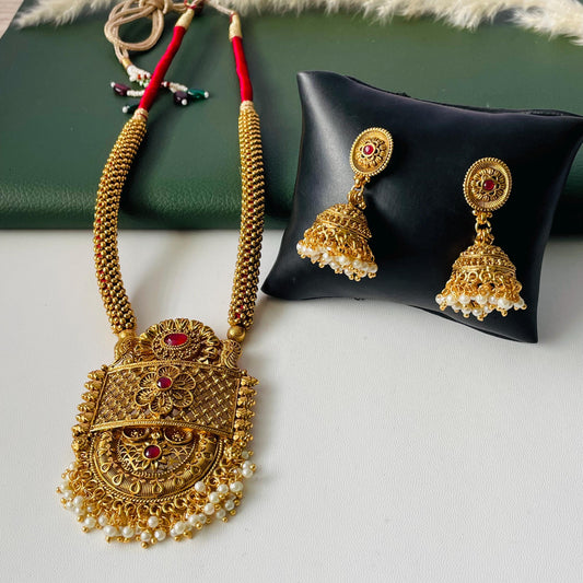 Antique gold plated maharashtrian thushi inspired long necklace set