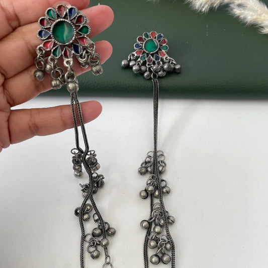Black Oxidised trendy Kashmiri earrings extra long ghungaroo earrings