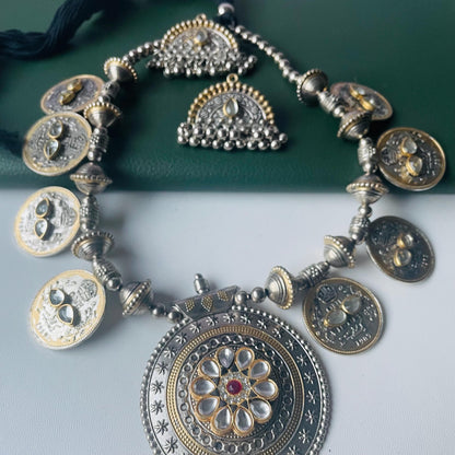 Dual tone Oxidised big pendent coin necklace set with matching earrings