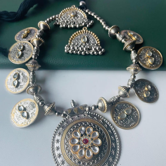 Dual tone Oxidised big pendent coin necklace set with matching earrings