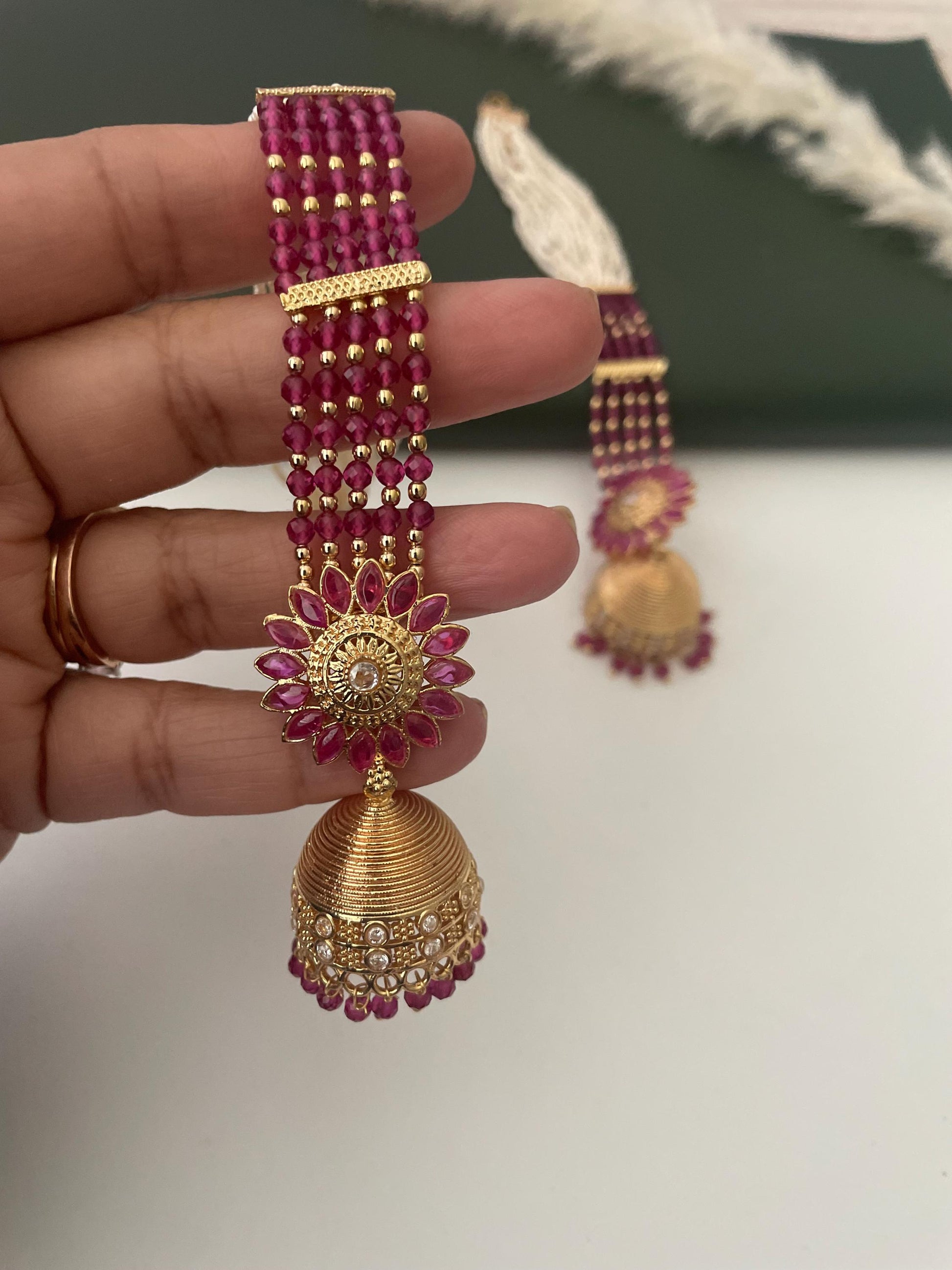 Gold Plated Jhumki Earrings with Ear Chain: Bridal Jewelry