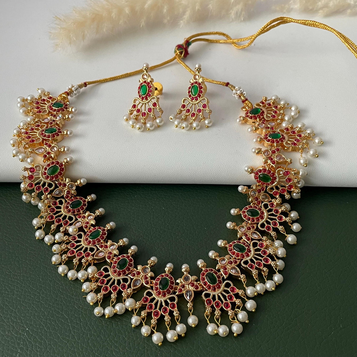 Multicolor gems and Pearl Gold Plated Necklace Set: South Indian Temple Jewelry