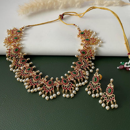 Multicolor gems and Pearl Gold Plated Necklace Set: South Indian Temple Jewelry