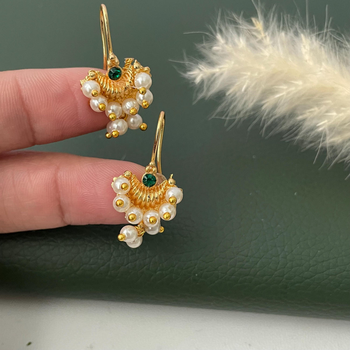 Maharashtrian Bugadi Earrings: Moti, CZ Ruby, Pearl Clip-Ons