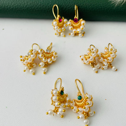 Maharashtrian Bugadi Earrings: Moti, CZ Ruby, Pearl Clip-Ons