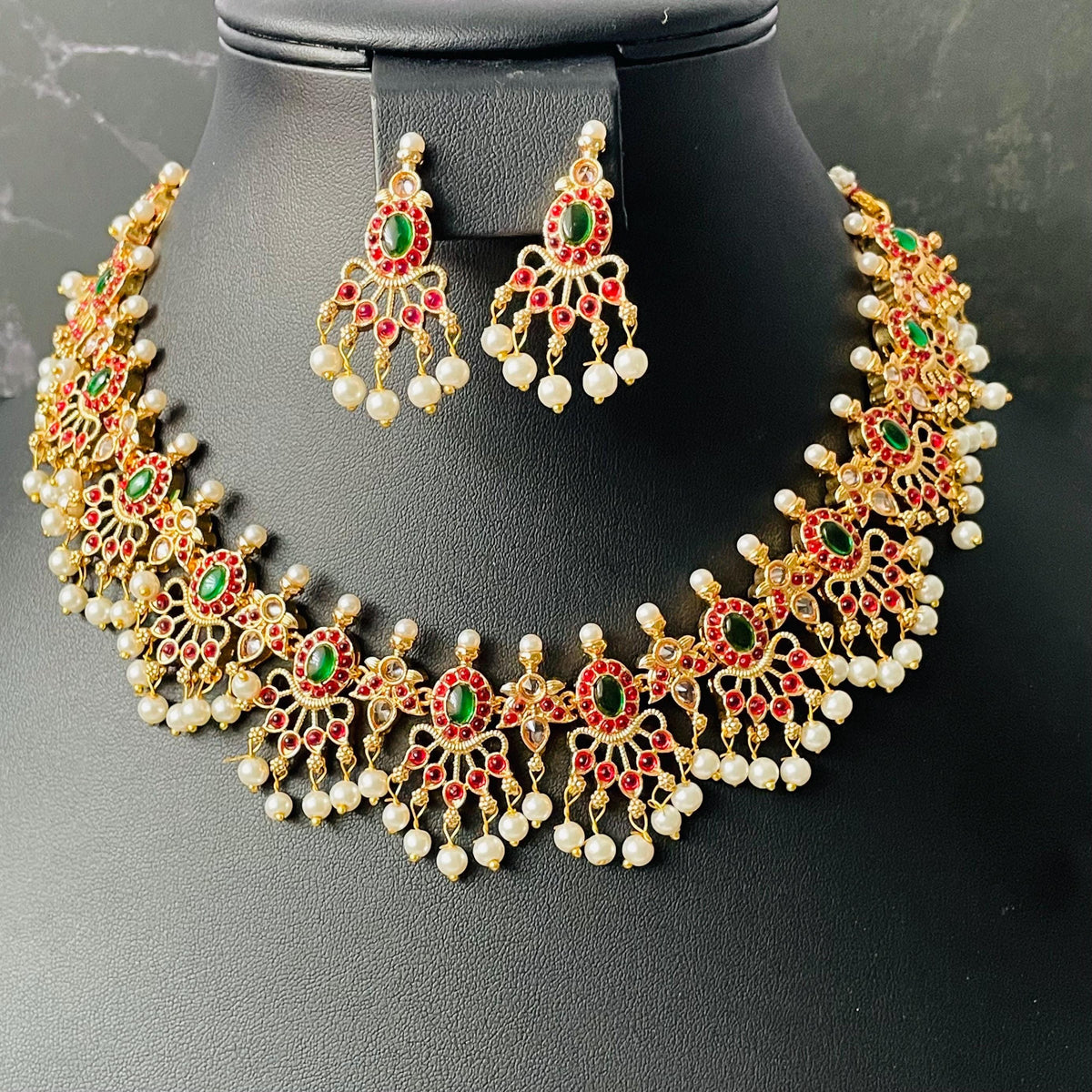 Multicolor gems and Pearl Gold Plated Necklace Set: South Indian Temple Jewelry