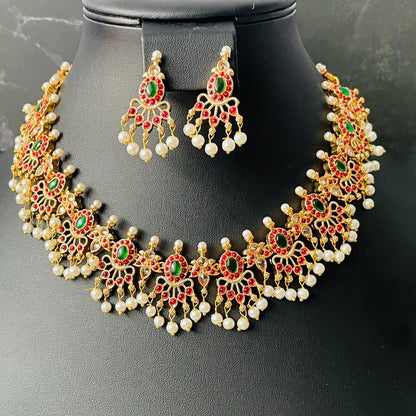 Multicolor gems and Pearl Gold Plated Necklace Set: South Indian Temple Jewelry