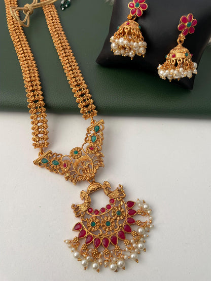 Kemp stone gold plated long haaram with matching earrings South Indian temple jewelry