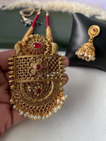 Antique gold plated maharashtrian thushi inspired long necklace set