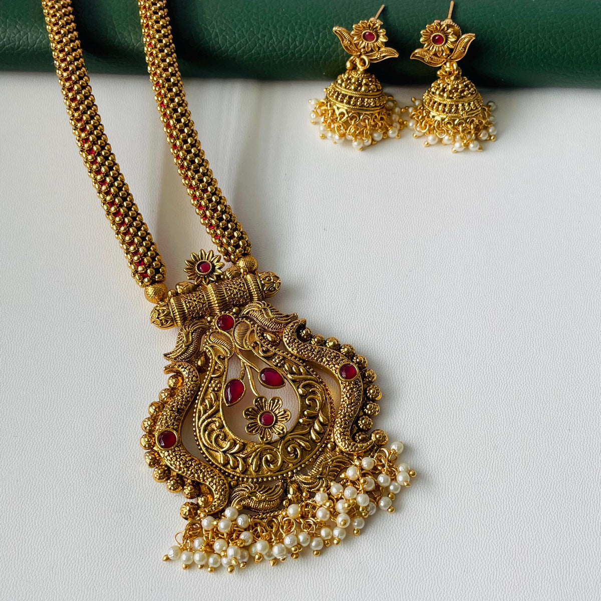 Antique gold plated maharashtrian thushi inspired long necklace set