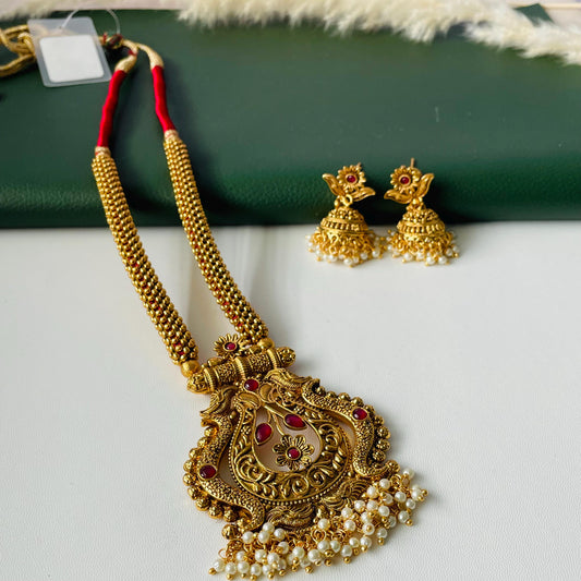 Antique gold plated maharashtrian thushi inspired long necklace set