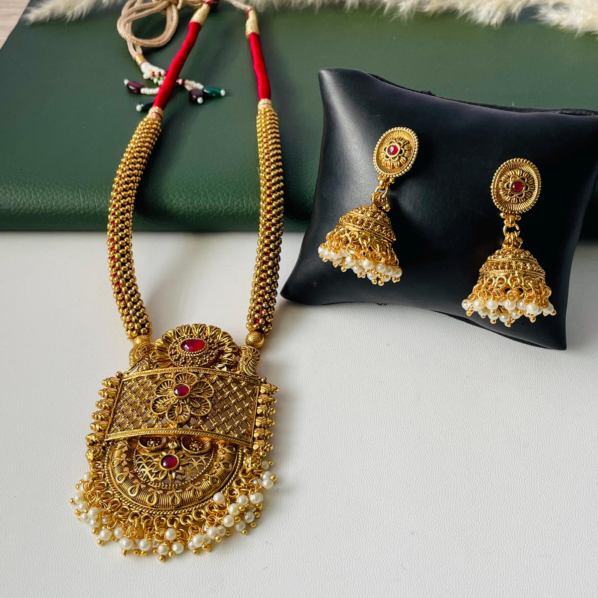 Antique gold plated maharashtrian thushi inspired long necklace set