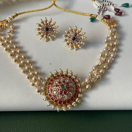gold plated kemp stone pearl choker set with matching earrings