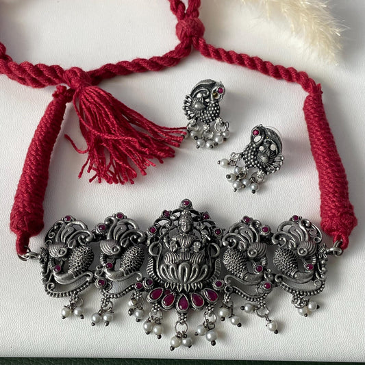 Matt Oxidized Choker or small necklace set: Colorful Stone Necklace