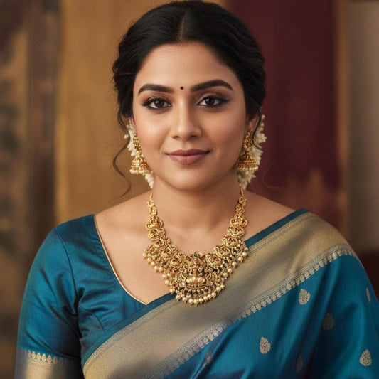 Lakshmi pendent kemp stone antique gold plated choker set with earring in green