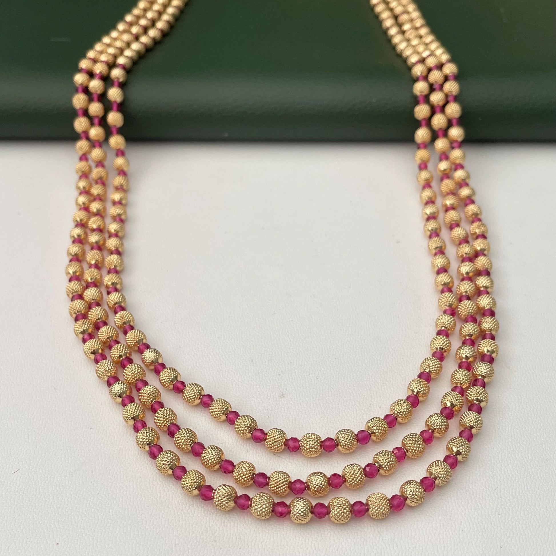 Gold Plated Multi-Layer Ruby Green Beaded Mala Necklace