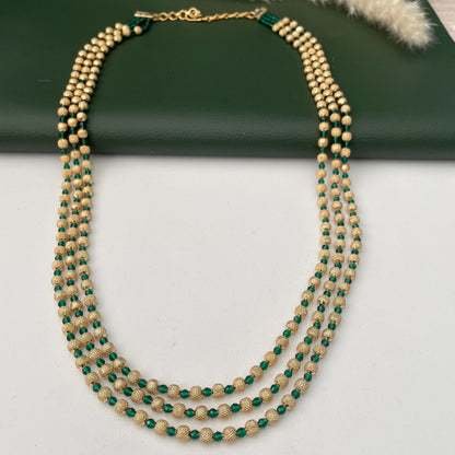 Gold Plated Multi-Layer Ruby Green Beaded Mala Necklace