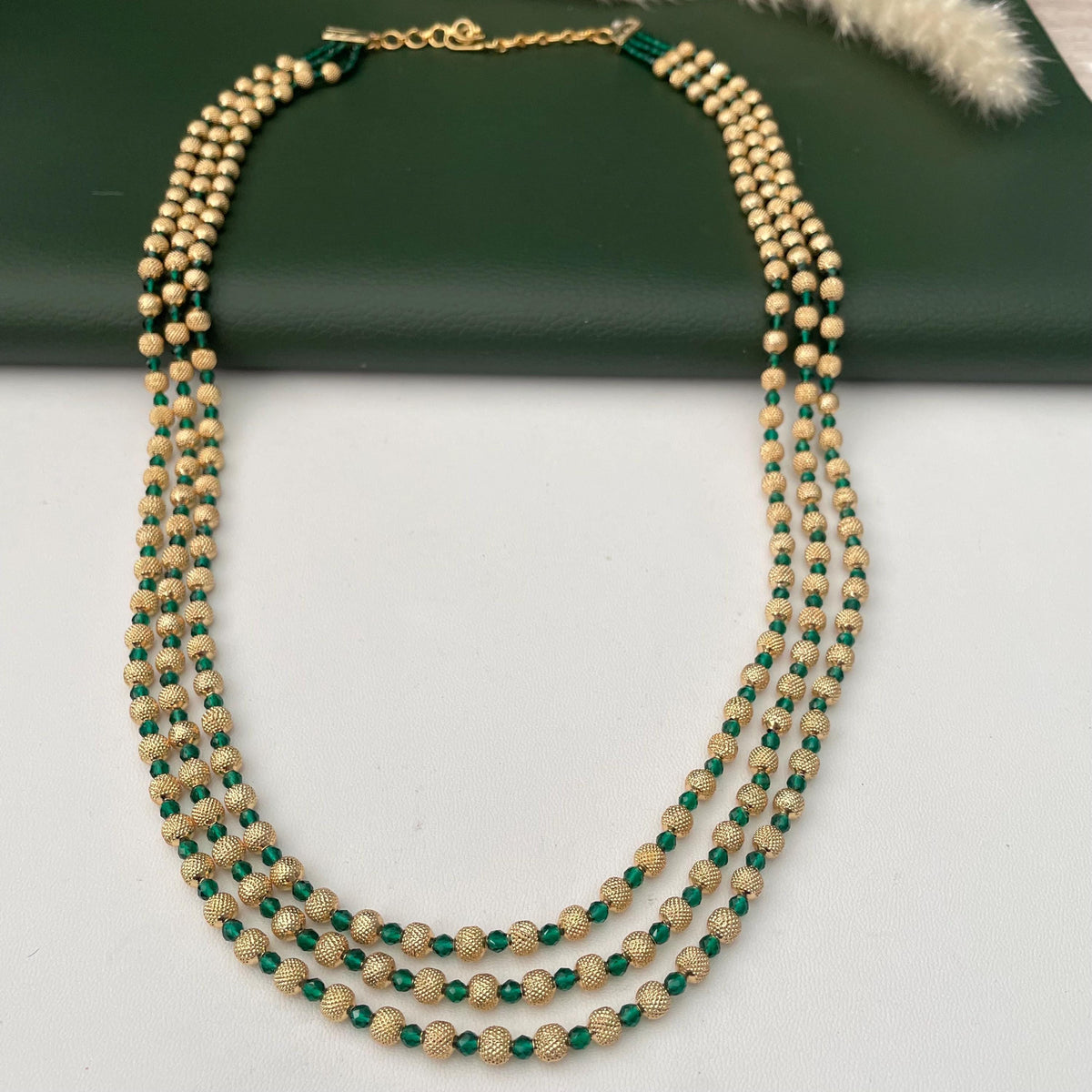 Gold Plated Multi-Layer Ruby Green Beaded Mala Necklace