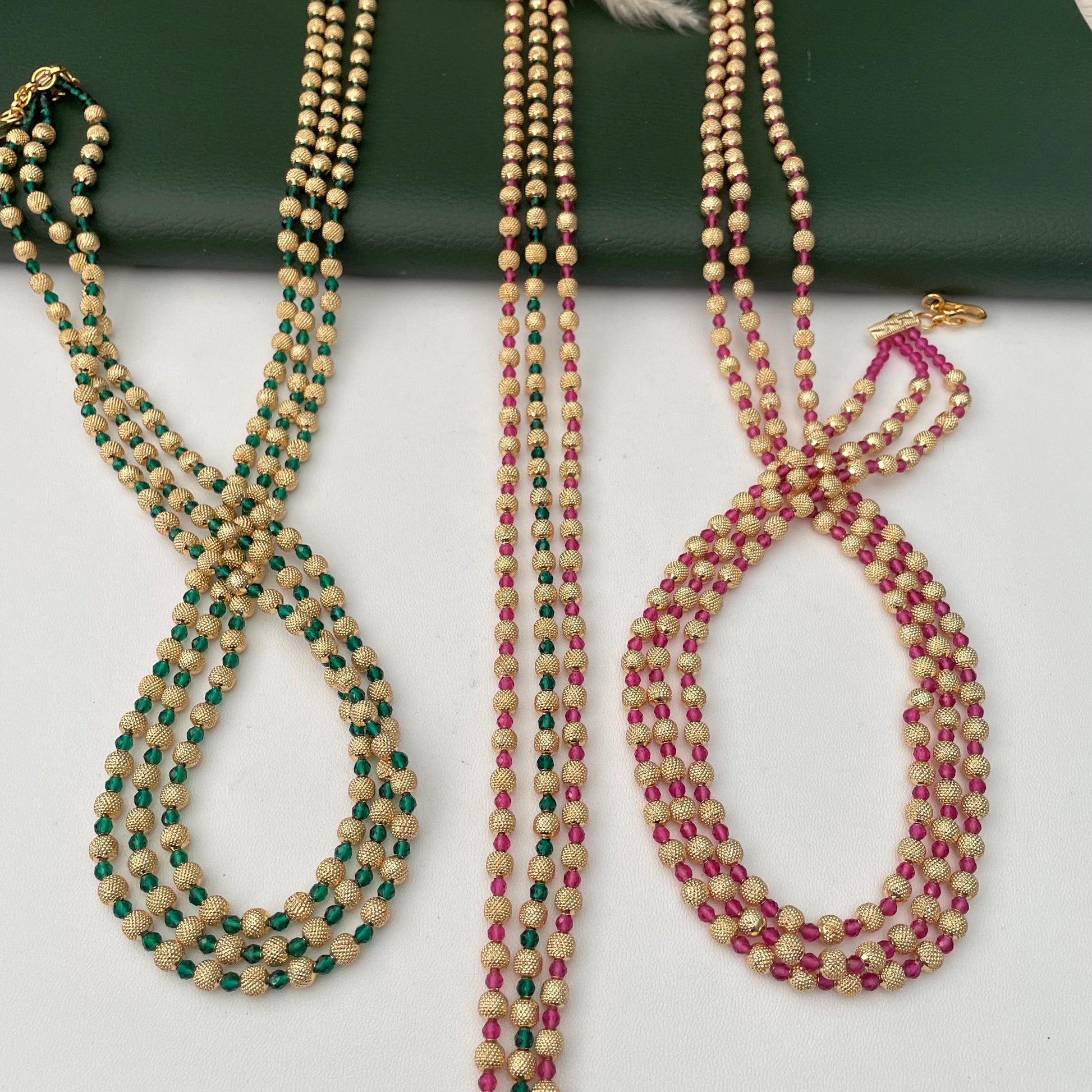 Gold Plated Multi-Layer Ruby Green Beaded Mala Necklace