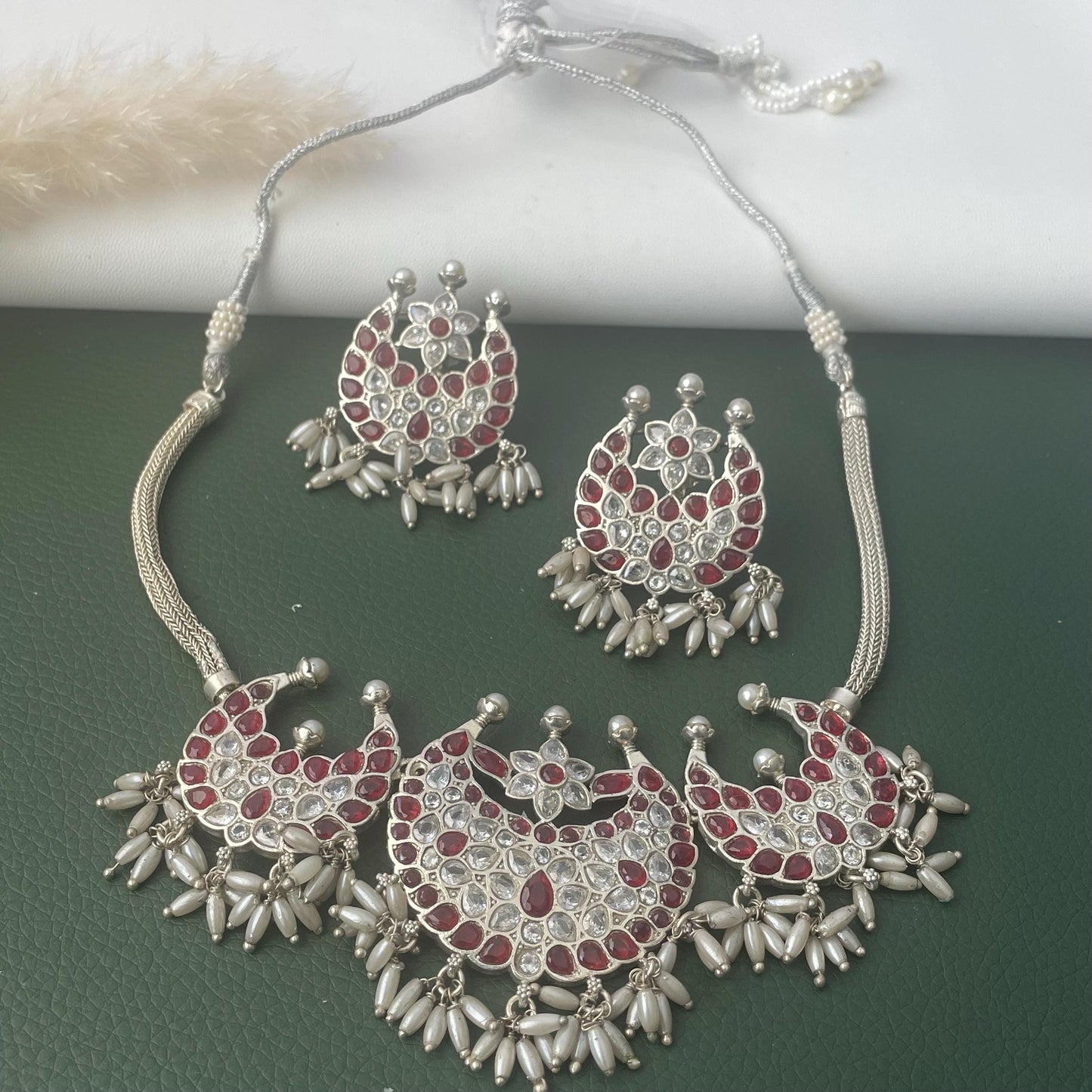 Kemp stone rhodium plated short necklace set