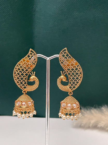 Gold Plated peacock Jhumkis Earrings: Indian Ethnic Style