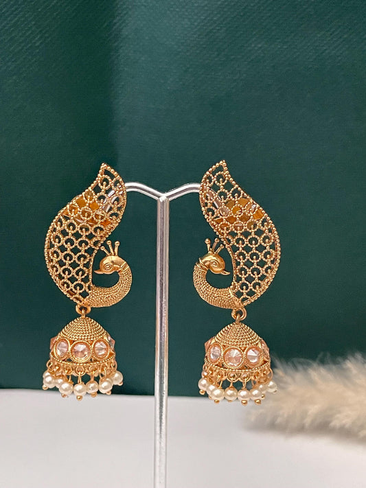 Gold Plated peacock Jhumkis Earrings: Indian Ethnic Style