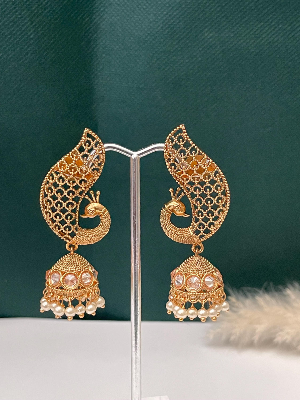 Gold Plated peacock Jhumkis Earrings: Indian Ethnic Style