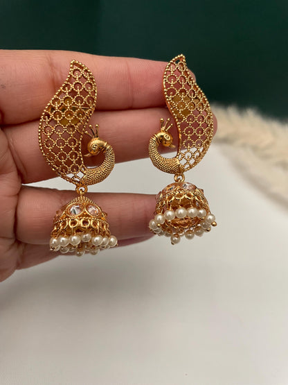 Gold Plated peacock Jhumkis Earrings: Indian Ethnic Style