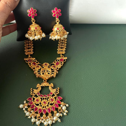Kemp stone gold plated long haaram with matching earrings South Indian temple jewelry