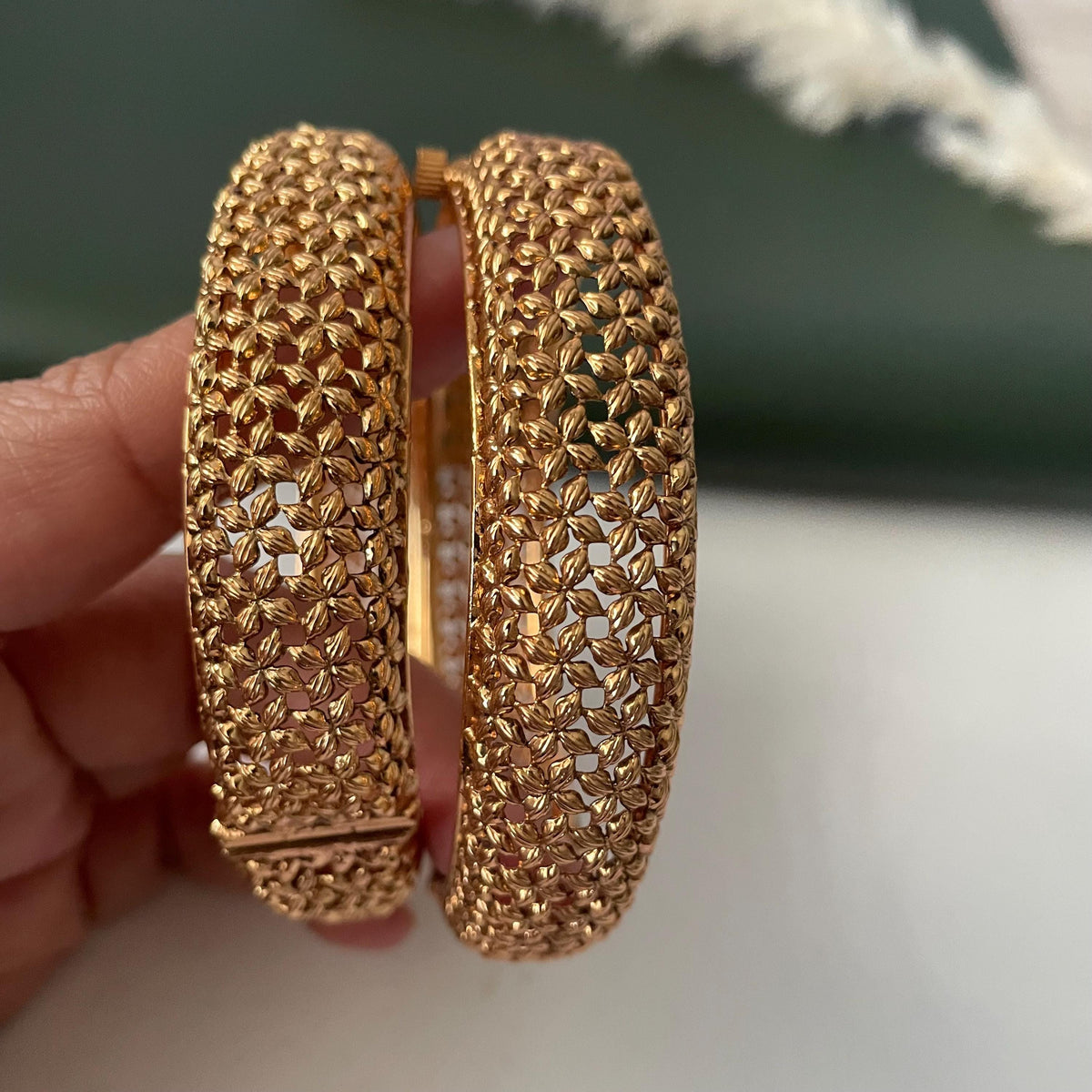 Gold Plated Indian broad openable bangles : Small flower motif