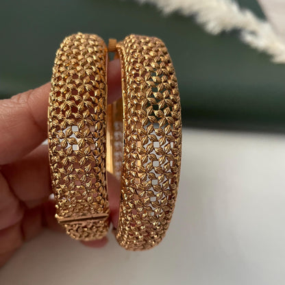 Gold Plated Indian broad openable bangles : Small flower motif