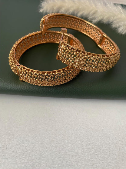 Gold Plated Indian broad openable bangles : Small flower motif