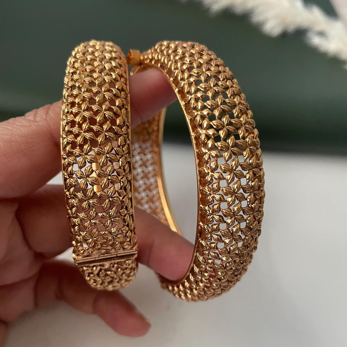 Gold Plated Indian broad openable bangles : Small flower motif