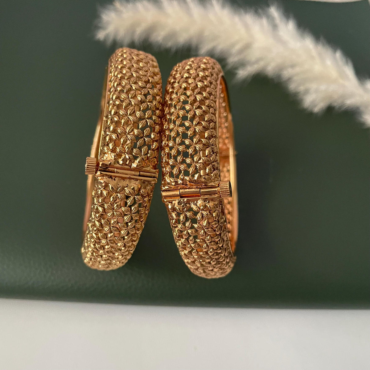 Gold Plated Indian broad openable bangles : Small flower motif
