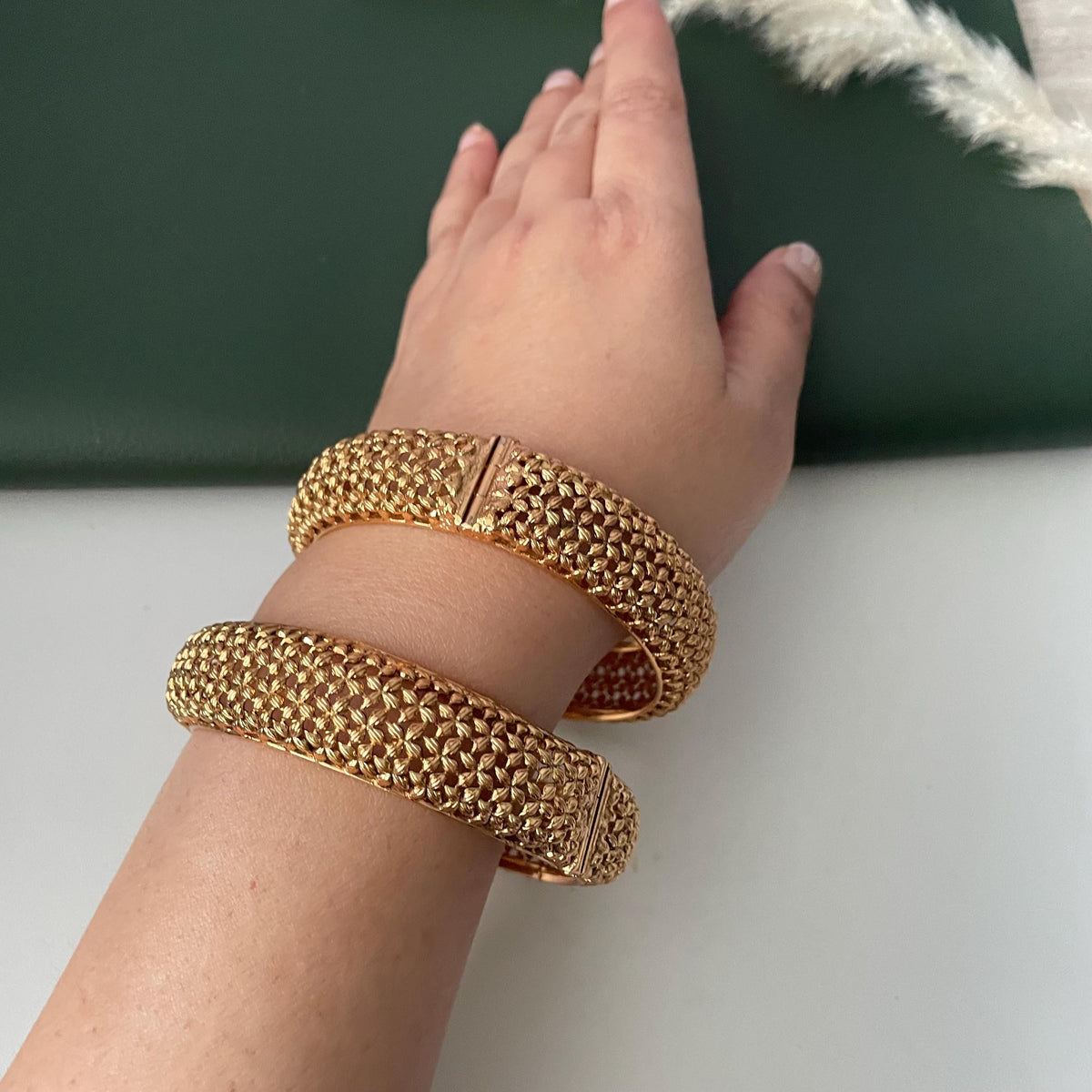 Gold Plated Indian broad openable bangles : Small flower motif