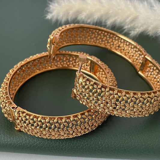 Gold Plated Indian broad openable bangles : Small flower motif