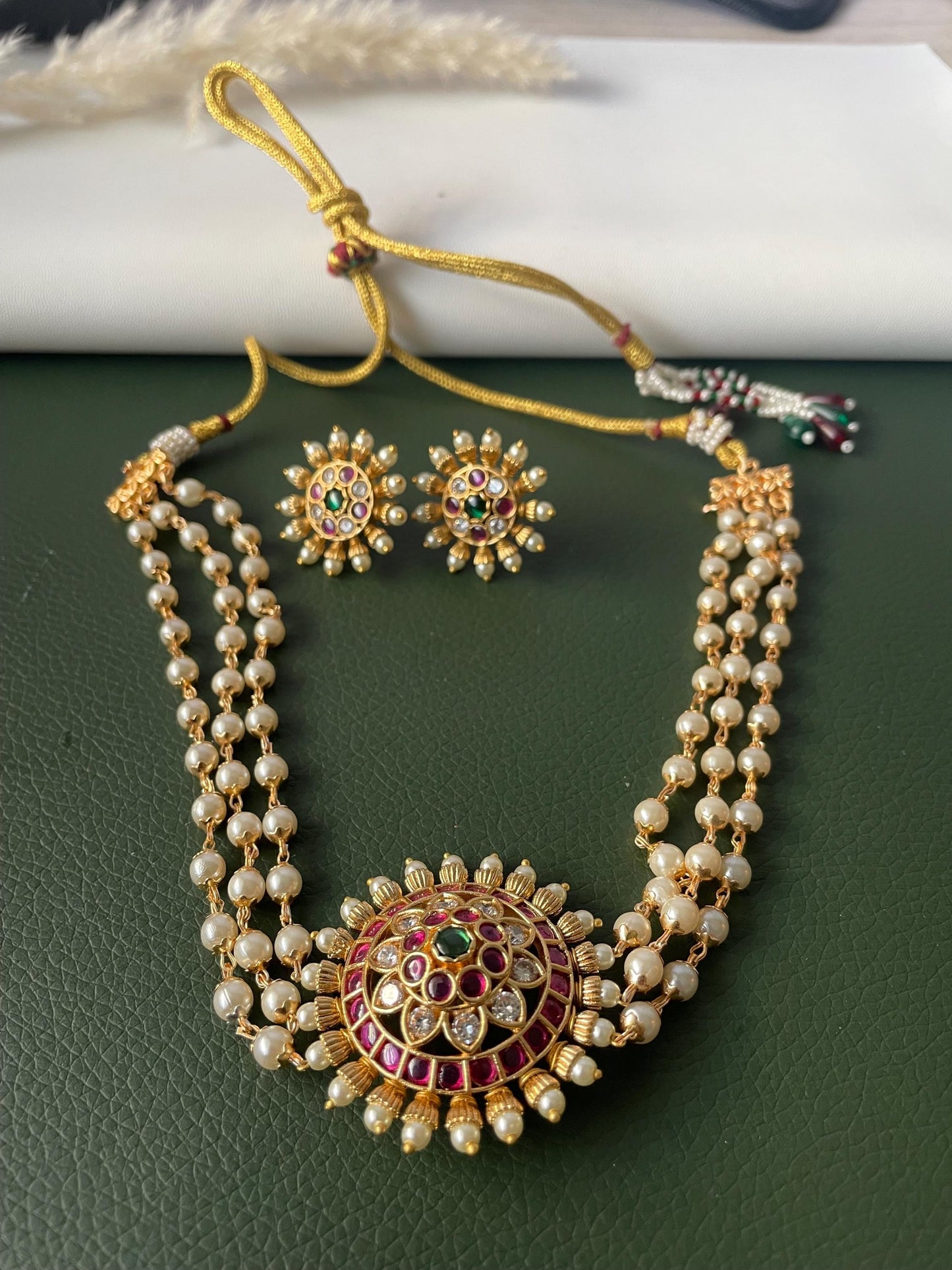 Gold Plated pearl choker temple jewelry