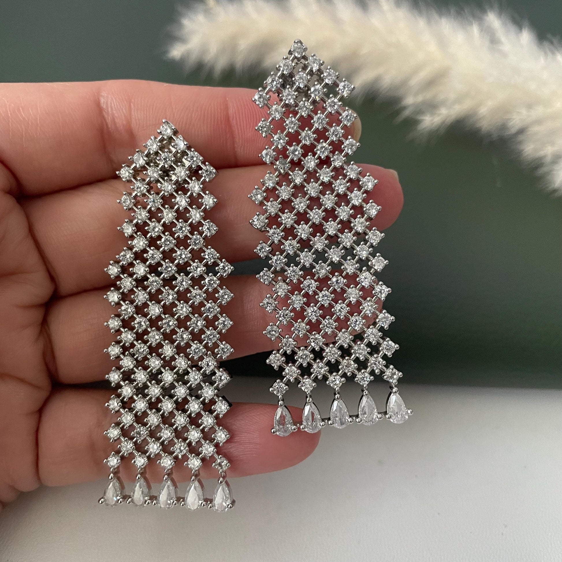 Nysaa Rhodium plated cubic zirconia long earrings