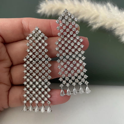 Nysaa Rhodium plated cubic zirconia long earrings