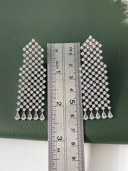 Nysaa Rhodium plated cubic zirconia long earrings