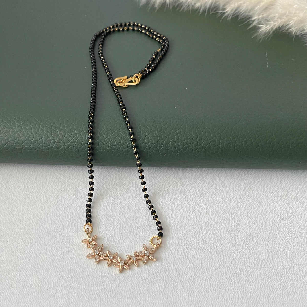 CZ small flower Mangalsutra :Black Bead Necklace