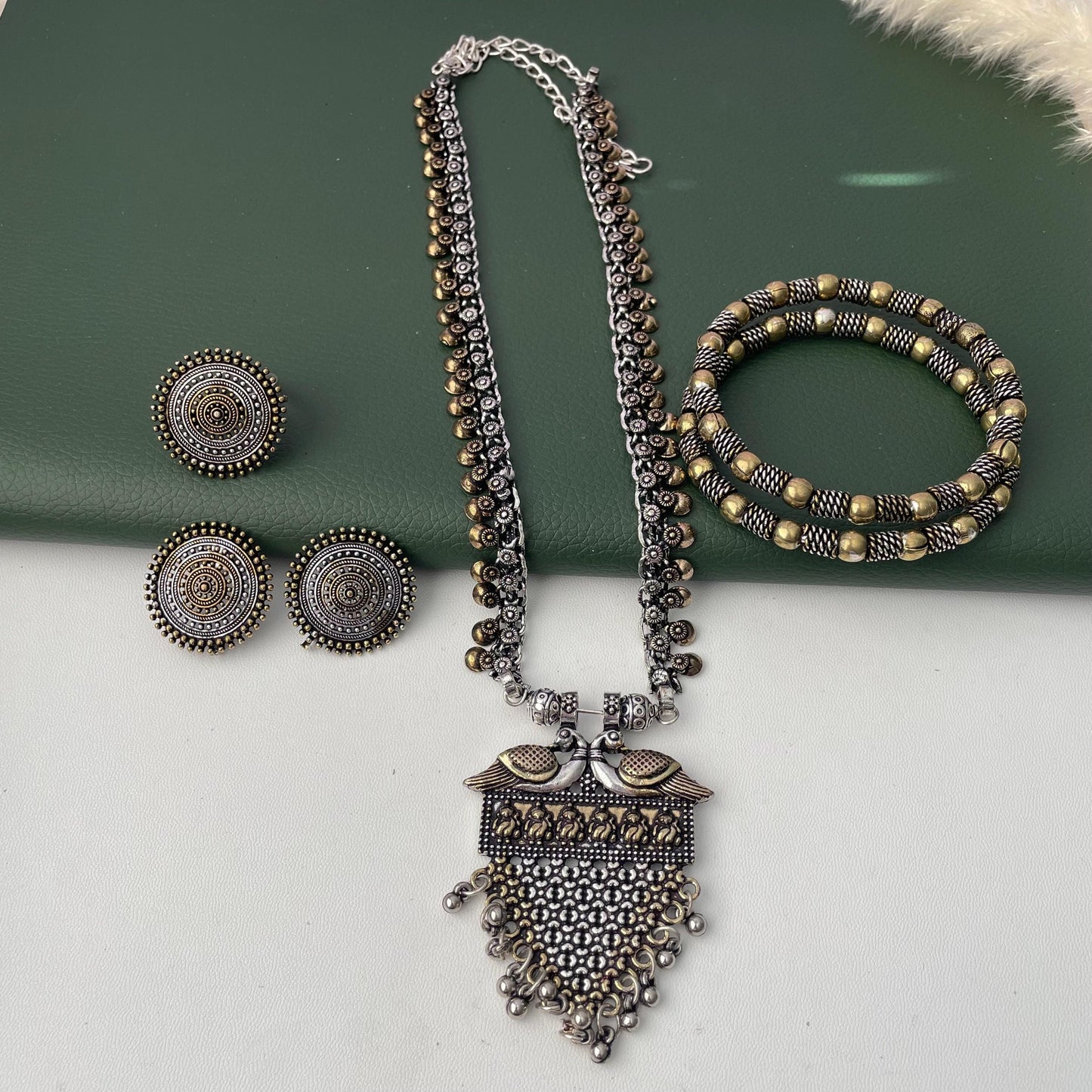 Oxidized Maa Durga/Peacock Necklace Set: Indian Navratri Jewelry