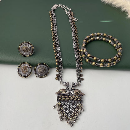 Oxidized Maa Durga/Peacock Necklace Set: Indian Navratri Jewelry