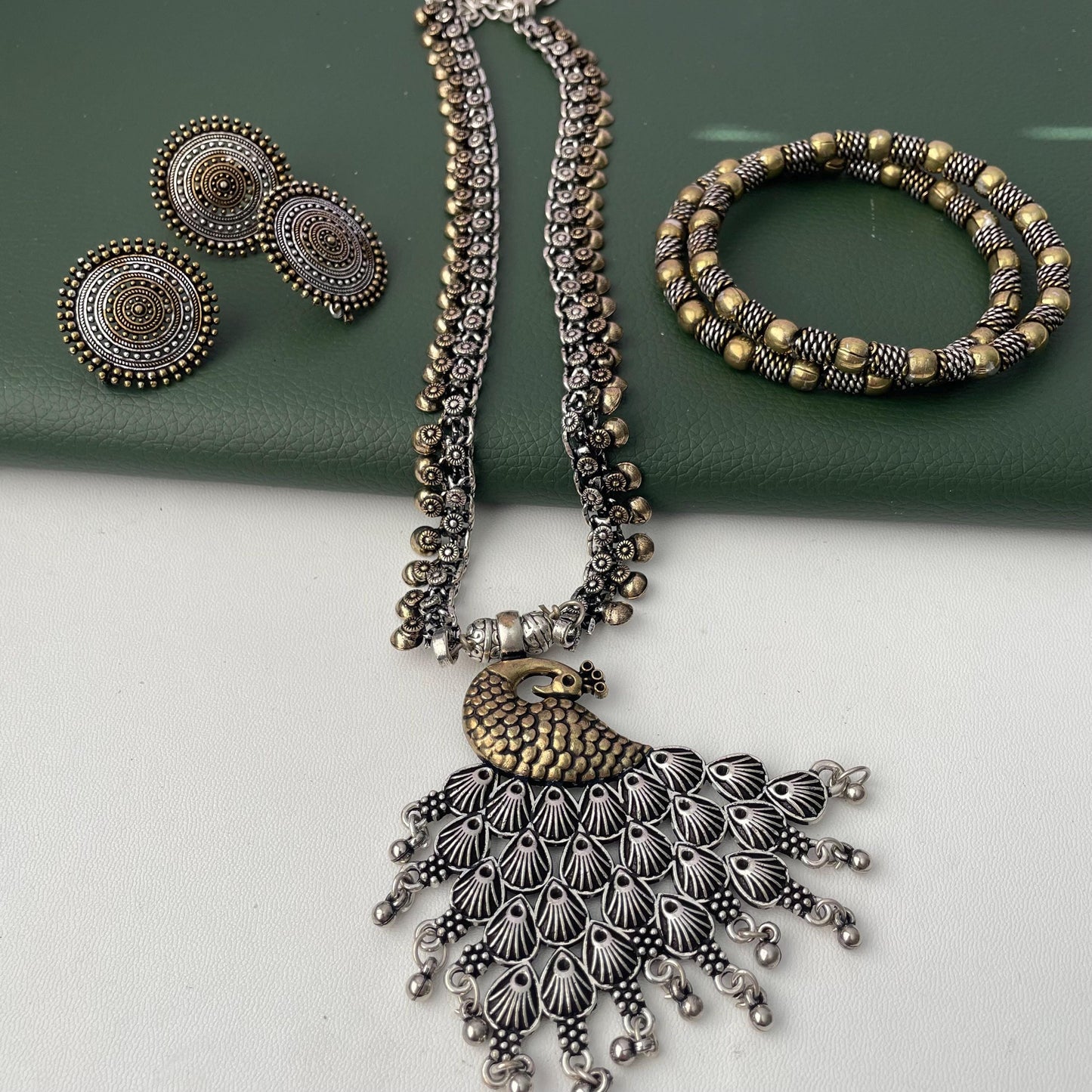 Oxidized Maa Durga/Peacock Necklace Set: Indian Navratri Jewelry
