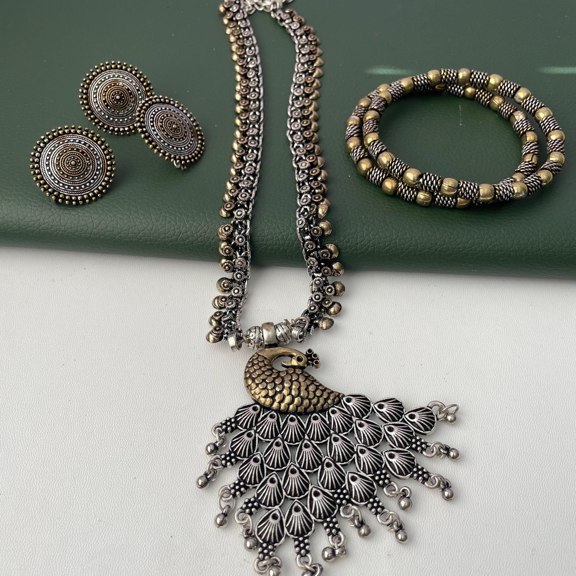 Oxidized Maa Durga/Peacock Necklace Set: Indian Navratri Jewelry